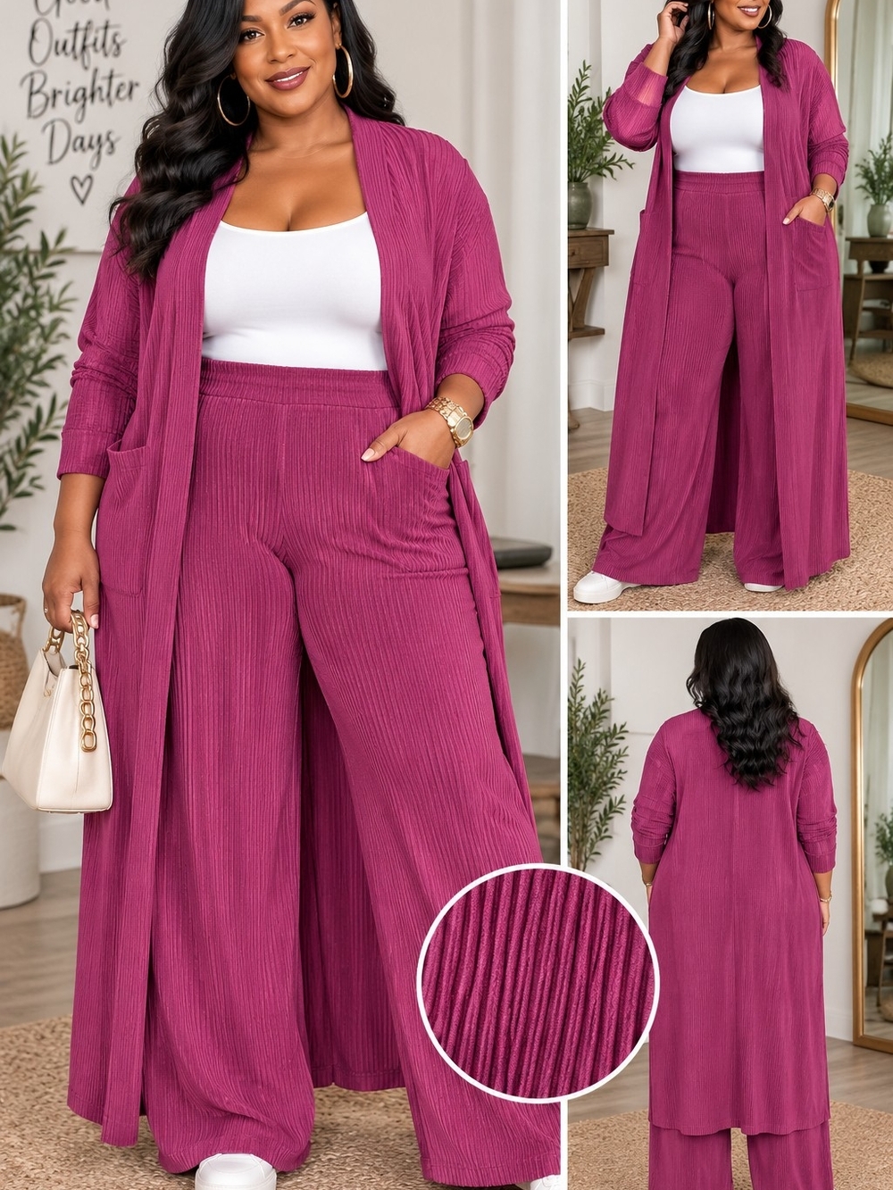 Dear Scarlett 3X NWT Magenta Ribbed Wide Leg Pants & Long Duster 2-Piece Set